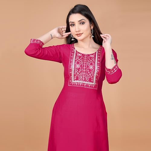 Image of Women's Ladies Girl's Cotton A-Line Zari Embroidery Straight Long Kurta Kurtis for Women