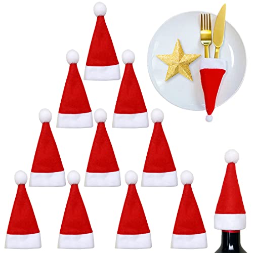 FUKPO 10 Piezas Mini Soportes para Cubiertos Navideños Mesa Vajillas Tenedores Bolsas, Sombrero de Santa Cubiertos Bolsas Gorras de Navidad para Decoración de Mesa Navidad Fiestas