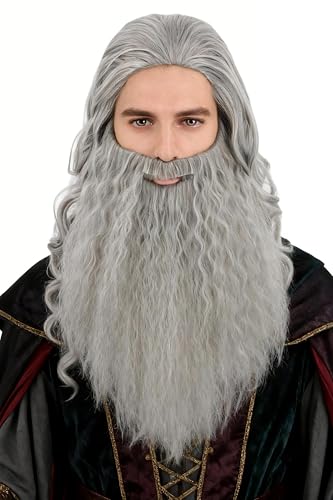 LeMarnia Men's Wizard Wig and Beard Set - Long Curly Gray Wig with Full Beard for Halloween Cosplay Costume Wig