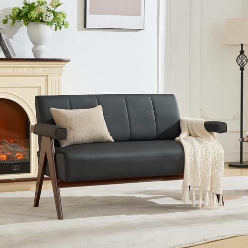 STHOUYN Black Leather Couch Lobby Furniture Bench Seating with Back, Waiting Room Couch Small Office Loveseat, Mid Century Wood Sofa Living Room (Medium (50'))