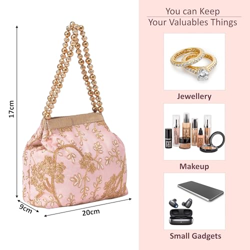 Image of Kuber Industries Pack of 2 Potli Bags for Ladies & Girls | Women Shagun Pouches for Festive Seasons | Bridal Purse | Moti Embroidery- Peach & Grey