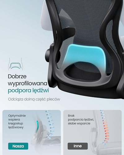 SONGMICS Ergonomiczny fotel biurowy, obrotowy z siatkową tkaniną, fotel biurowy z podparciem lędźwiowym, funkcja bujania, składane podłokietniki, do gabinetu, sypialni, atramentowy czarny OBN042BH02