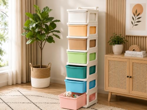 Image of Heavy Duty Plastic Storage Drawer with Wheels | Modular Cabinet for Bedroom, Office, Home or Classroom| Chest of Drawers Organiser for Cosmetics, Kitchen items, Toys (Multicolor, 7)