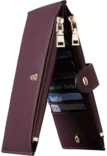 Image of Travelambo Womens Leather Bifold Wallet, Slim RFID Blocking Card Holder | Large Capacity, 16 Card Slots & ID Window, 2 Zipper Pockets, Dual Snap Closure, Slim Lightweight, RFID Privacy Protection