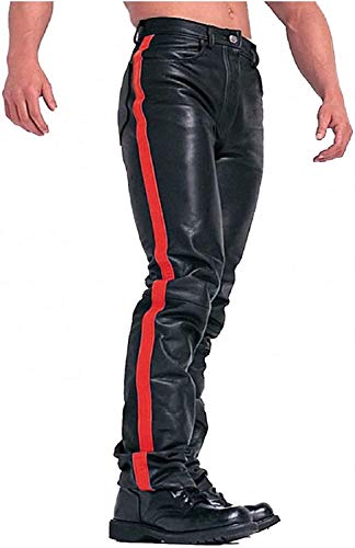 Men's HOT Style Real Black Leather with RED Strips Pants Sleek & Sexy Jeans Motorcycle Biker Trouser