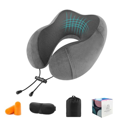 CNMTCCO Travel Pillow - Comfortable Neck Pillow for Travel, Memory Foam Neck Pillow Head Support Soft Pillow for Sleeping Rest Airplane Car & Home Use, with Ear Plugs, Eye Mask & Carry Bag (Grey)