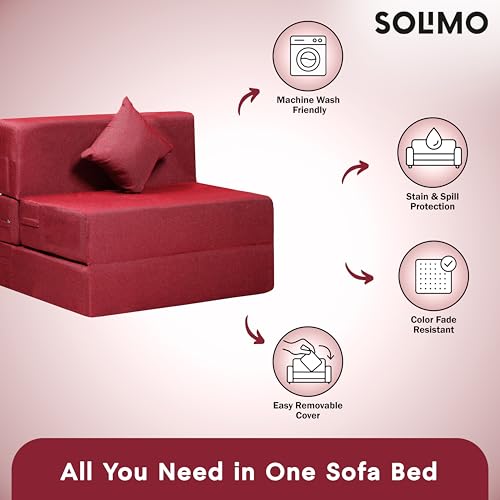 Image of Amazon Brand - Solimo 1 Seater 3 * 6 Jute Fabric Washable Cover Sofa Cum Bed with 1 Cushion 1 Seater Double Foam Fold Out Sofa Cum Bed (Finish Color - Maroon Delivery Condition - Pre-Assembled)