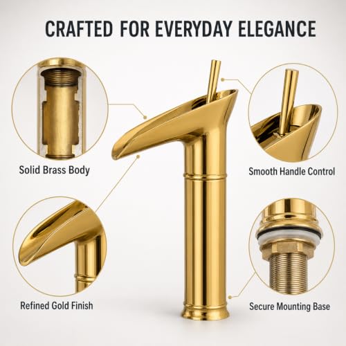 Image of ZAP Antique Lavatory Vanity Basin Mixer Tap Bathroom Faucet with Waterfall Spout Bath Sink Faucets Single Handle One Hole Solid Brass - Brushed Gold