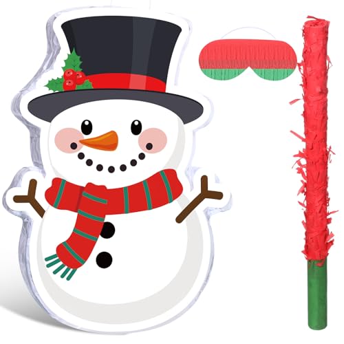 Harrycle Christmas Snowman Piñata 16 Inch Christmas Mexican Piñata with Stick Blindfold Pack Xmas Piñatas Bundle for Xmas Birthday Holiday Game Favors Photo Prop Decoration