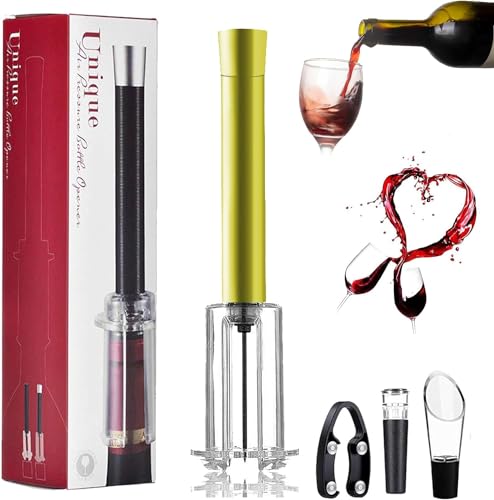Air Pressure Vino Pop Wine Opener, Algal Bloom Wine Opener, Wine Opener Air Pressure, Portable Bottle Opener Pump Needle, with Cutter Aerator Pourer Vacuum Wine Stoppers (Aluminum,Gold)