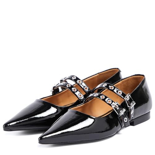 anteikira Women's Pointed Toe Ballerina Flats Eyelet Strap Comfortable Mary Jane Flats Grommet Dress Work Office Ballet Flats for Women Size 5.5-12US