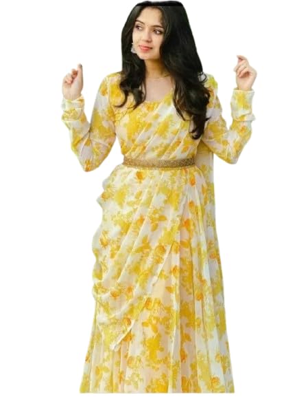 Women's Georgette Anarkali Gown with Dupatta Set | Festive | Traditional | Wedding Yellow Gold