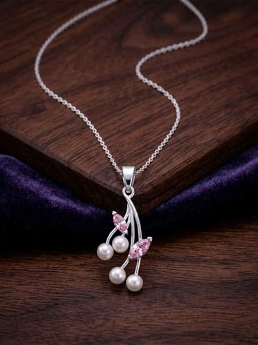 Image of Clara 925 Sterling Silver Pearl Pendant Necklace with Chain | Platinum Plated | Minimal Daily Wear | Gift for Women & Girls