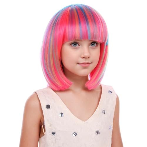 Image of PATTNIUM Colorful Bob Wig with Bangs Short Rainbow bob Wig Multicolor Wig Cosplay Party Synthetic Wig
