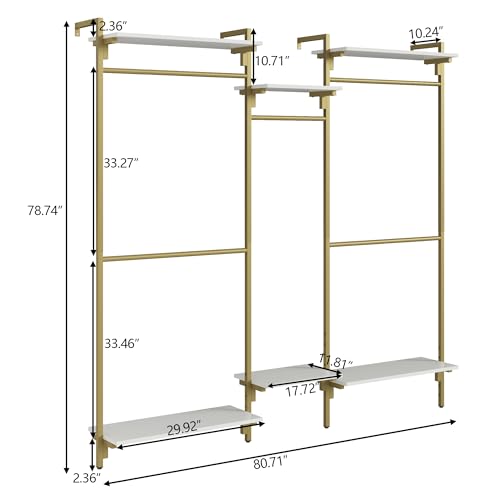 Auromie Gold Wall Mounted Clothing Rack with 5 Hanging Rods, Clothes Rack with Adjustable Shelves, Closet Storage Organizer System Kit, Heavy Duty Garment Rack with Metal Frames (80.71" L*78.74" H)