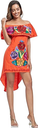Image of YZXDORWJ Women's Mexican Asymmetrical Dress Embroidered Floral Off-Shoulder Cocktail Latina Fiesta Dress
