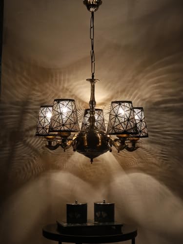 Image of Devansh 05 Lights Metal Etched Shade with Antique Golden Chandelier -ZA