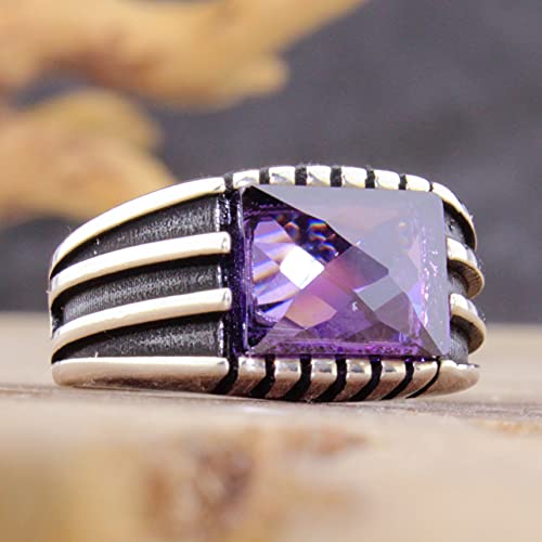Solid 925 Sterling Silver Luxury Ring for men with Faceted Clear Purple Simulated Amethyst Stone2