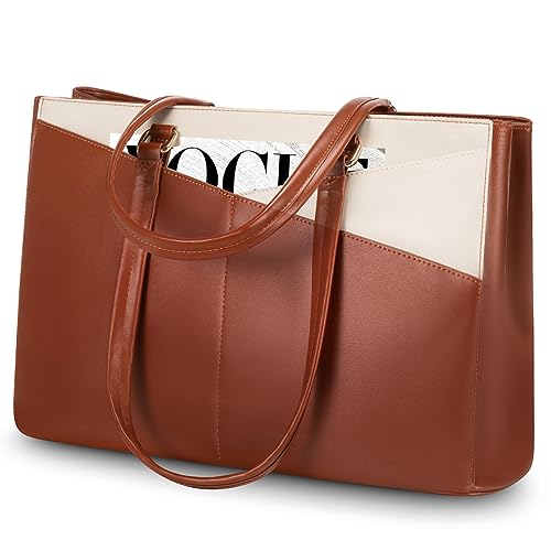 LOVEVOOK Laptop Bag for Women 15.6 Inch Tote Bags Waterproof Leather Briefcase Computer Women Business Office Work Bag,Brown-White