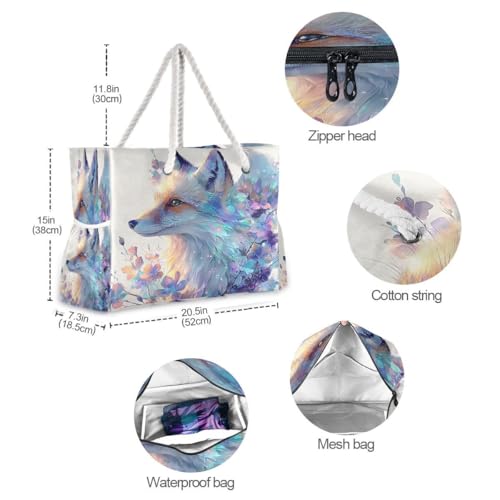 Large Beach Bags Totes Canvas Tote Shoulder Bag Purple Fantasy Fox Water Resistant Bags for Gym Travel Daily4