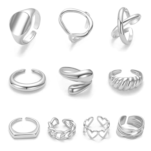 MOROYA 10PCS Gold Dome Chunky Rings for Women 18K Gold Plated Braided Twisted Round Signet Rings Adjustable Open Ring Band Statement Jewelry Size 7-9