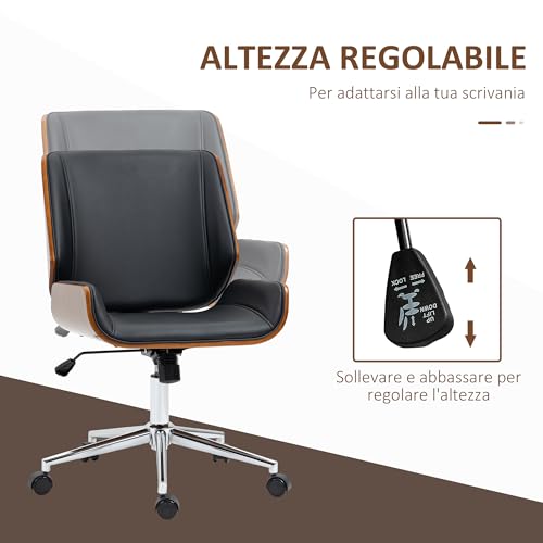 Sedia da Ufficio Senza Braccioli con Ruote Girevoli, Schienale e Seduta Curva, Sedia da Scrivania Studio Vintage Inclinabile, Altezza Regolabile, in Pelle PU e Legno, Nero e Marrone Scuro - Sedia gaming - Immagine 3