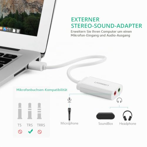 UGREEN Externe USB Soundkarte für Computer, PS5, PS4, USB Audio Stereo Adapter External Sound Card (Weiß) – Ansicht 3
