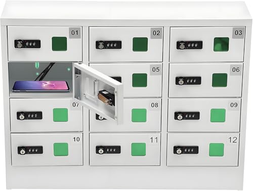 Taquillas de metal para teléfono móvil con 12 ranuras y estación de carga y cerradura de llave, solución de almacenamiento ideal para estudiantes, empleados y estaciones de policía, color blanco