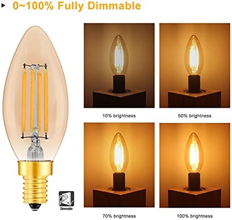 Beilf Dimmable E14 Filament LED Vintage Candle Light Bulbs C35, Flicker Free, Amber Glass, 4W Warm White 2500K, High CRI 80, Small Screw Edison Bulbs 40W Equivalent,12 Pack
