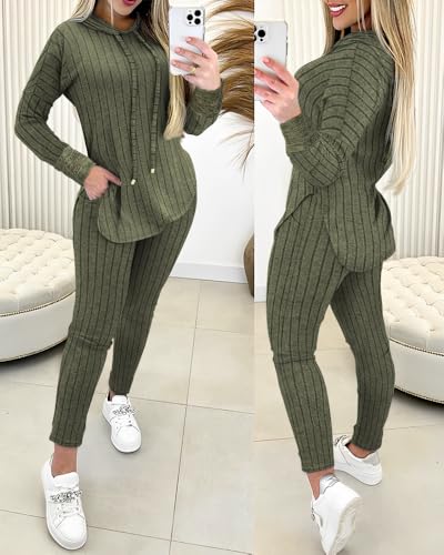 CHICME 2025 2 Piece Outfits for Women Ribbed Long Sleeve Shirt Pullover and Skinny Pants Set Lounge Set3
