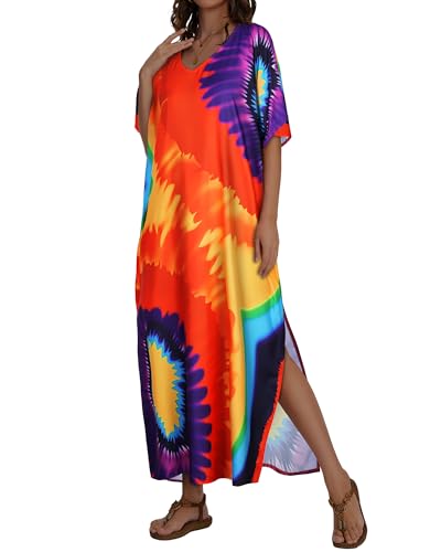 Image of Kaftan Dresses for Women V Neck Caftan Batwing Sleeve Swimsuit Cover Up | JILUVIN Plus Size Beach Swimwear Dress, Loose Fit Maxi Print Moomoo, Casual Mumu Nightgown Mrs Roper Costumes Vocation 2026