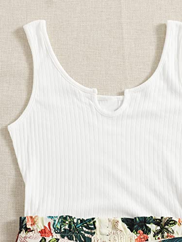 Shein Women's Summer Sleeveless Notched Neck Tropical Print Belted Shorts Tank Romper Jumpsuits White Green M #TOP2