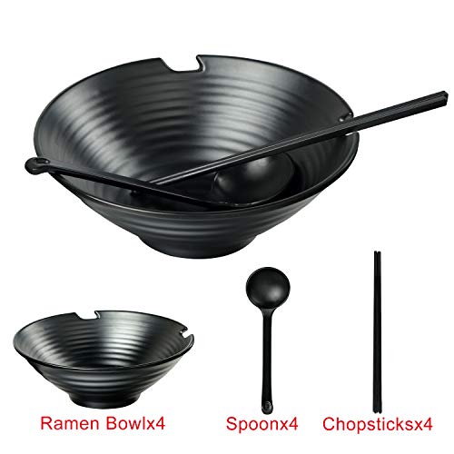 Set Of 4 Ramen Bowl Set, 37 Oz Melamine Large Japanese Style Noodle Soup Bowls Set With Spoons And Chopsticks For Ramen, Pho, Noodles, Asian Dishes Black #TOP2