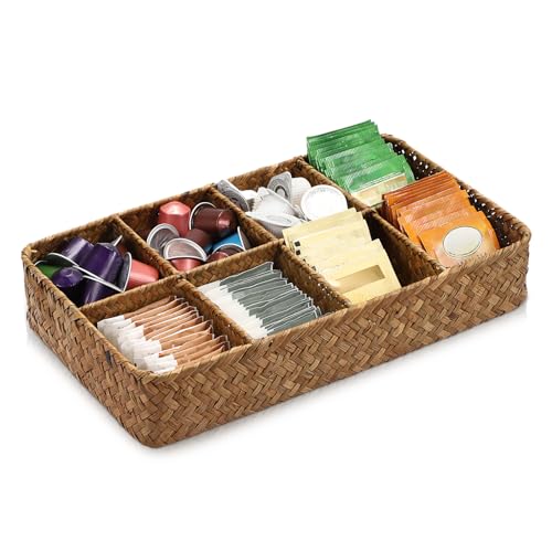 OLegei Seagrass Tea Bag Organizer with 8 Compartments - Elegant Storage Tray for Coffee and Tea Essentials