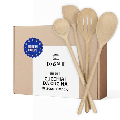 COOKERS MATE - Set 4 Utensili Cucina in Legno di Faggio Fatti a Mano, Non Graffiano - Accessori Cucina Casa e Cucina, Made in Europe - Ideali per Uso Quotidiano e Versatili
