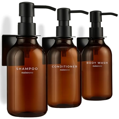 Image of Shampoo and Conditioner Dispenser Wall Mounted Set of 3 Amber Black - No Drill Shower Soap Dispenser for Bathroom Refillable - Spa Hotel Style Accessories by MaisoNovo