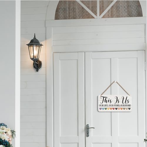 Image of This Is Us Hanging Wooden Wall Sign Decor for Home Entryway Farmhouse, Inspiration Wood Sign Plaques, Pastel Colorful Heart Rustic Signs Wall Art Decor, 12 x 6 Inch