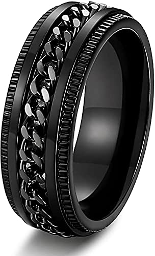 JASH Sincere Titanium SteelSpin Chain Aniexty Fidget Ring Wedding Band Fashion Masculine Ring (Black, 11)