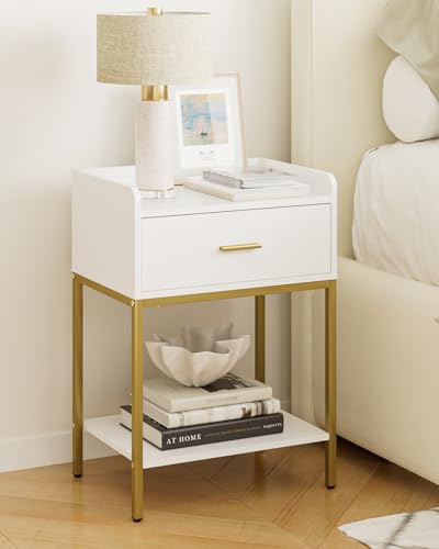 Image of Masupu Nightstand,3-Tier Modern Bedside Night Stand with Storage Drawer and Shelf,Small End Side Table for Bedroom,Living Room,White (Without Outlet, White)