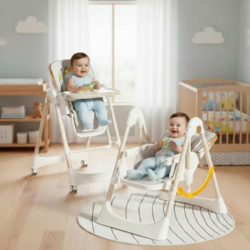 Image of StarAndDaisy Galaxy 2 in1 Rocking Baby High Chair for Boys and Girls Dining Chair 4 Level Reclining Position, Adjustable Height, Locking Wheels, 5 Point Safety Belt (White)