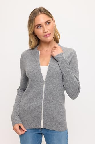Image of Women's 100% Cashmere Soft Long Sleeve Crew Neck Open Zip Cardigan