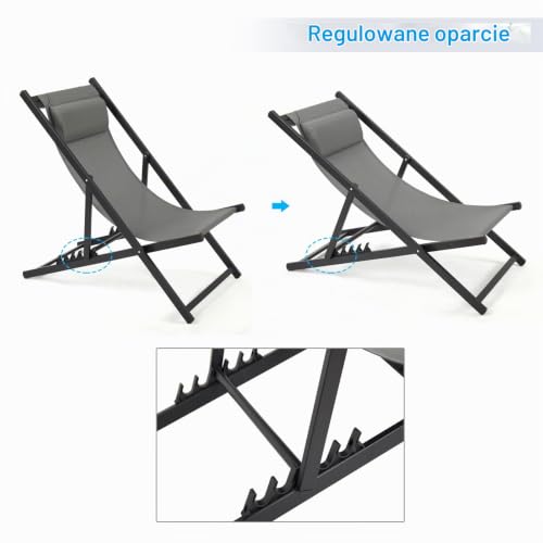 Mondeer Leżak do opalania, zestaw 2 sztuk, składany leżak z zagłówkiem i regulowanym oparciem, do ogrodu, na basen, taras, obciążenie 130 kg, szer. 104 x gł. 58 x wys. 95 cm, ciemnoszary