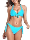 Colloyes Women’s Sky Blue Two Piece Bikini Sets Push Up Halter Bikini Bathing Suit Adjustable 2 Piece Swimsuit Underwire Bikini Swimwear for Women Size Medium