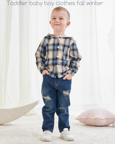 Image of Renotemy Toddler Baby Boy Clothes Denim Outfits Infant Hooded Sweatshirt Jeans Pants Little Boys Clothing