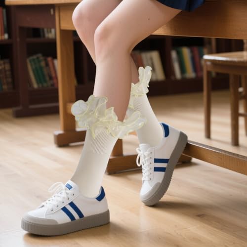 Image of Women Big Ruffle Ankle Socks Adult Double Lace Frilly Socks Fold Cuff Cotton Ruffled Dress Crew Bobby Bride Sock