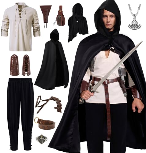 Akokvlar 10 Pcs Men Renaissance Costume Medieval Pirate Shirt Ankle Banded Pants Viking Outfit Set (Large, Black)
