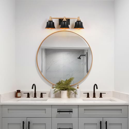 Image of KSANA Bathroom Light Fixtures, 3 Light Black and Gold Powder Room Wall Lights Over Mirror, 22 Inch Modern Farmhouse Metal Vanity Lights