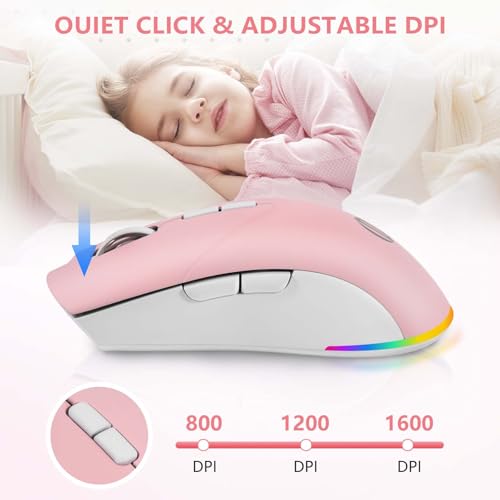 Image of Wireless Mouse, Bluetooth Mouse for Laptop, Rechargeable, Dual Mode (BT 5.2 + 2.4G ) Silent Wireless Bluetooth Pnk Mouse, Laptop Mouse,Ergonomic Design, 3-Level Adjustable DPI Mouse for iPad, Mac, PC