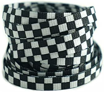 DECKER Flat Wide 10mm Shoelaces 2 Pairs Black White Checkered Lace for Roller Skates Hockey Skates Boots and Regular Shoes (Checkered Black White, 63"(160 cm))