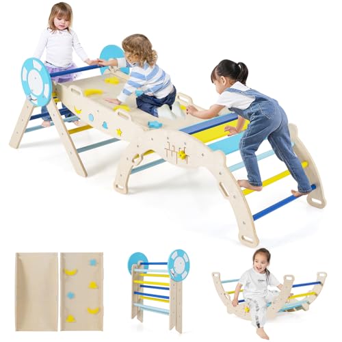 【Sicurezza Prima】Realizzato con aste in legno di faggio robuste e gambe solide in legno, questo set da arrampicata offre una stabilità eccellente. La striscia di collegamento unisce saldamente la tavola da arrampicata e la scala per un supporto extra. Angoli arrotondati e corrimano garantiscono maggiore sicurezza.